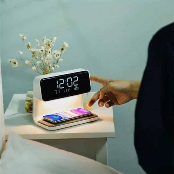 Creative 3 In 1 Bedside Lamp Wireless Charging LCD Screen Alarm Clock Wireless Phone Charger For Iphone Smart Alarm Clock Lamp - Image 5